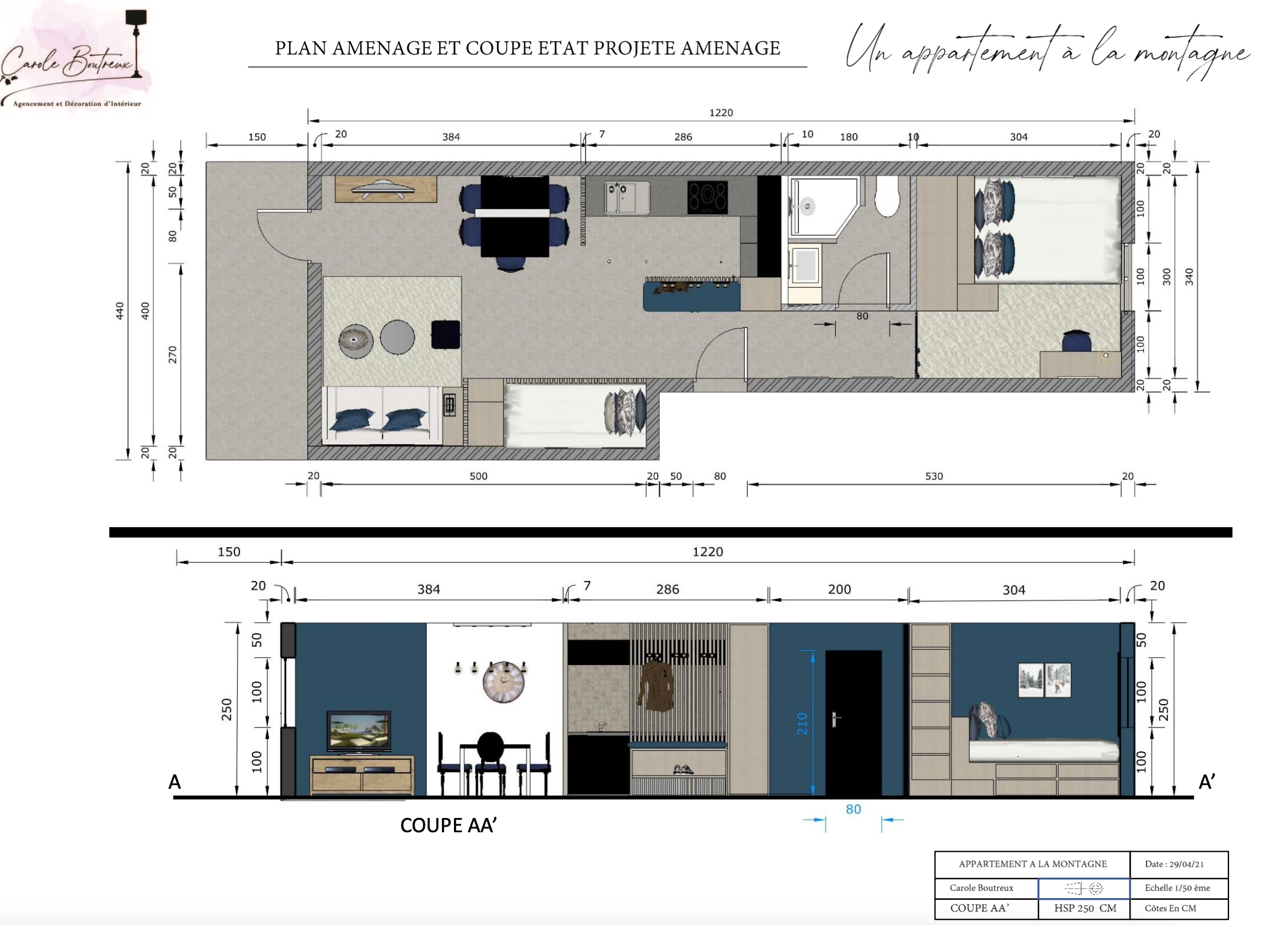 Plan aménagé et coupé d'un appartement à la montagne